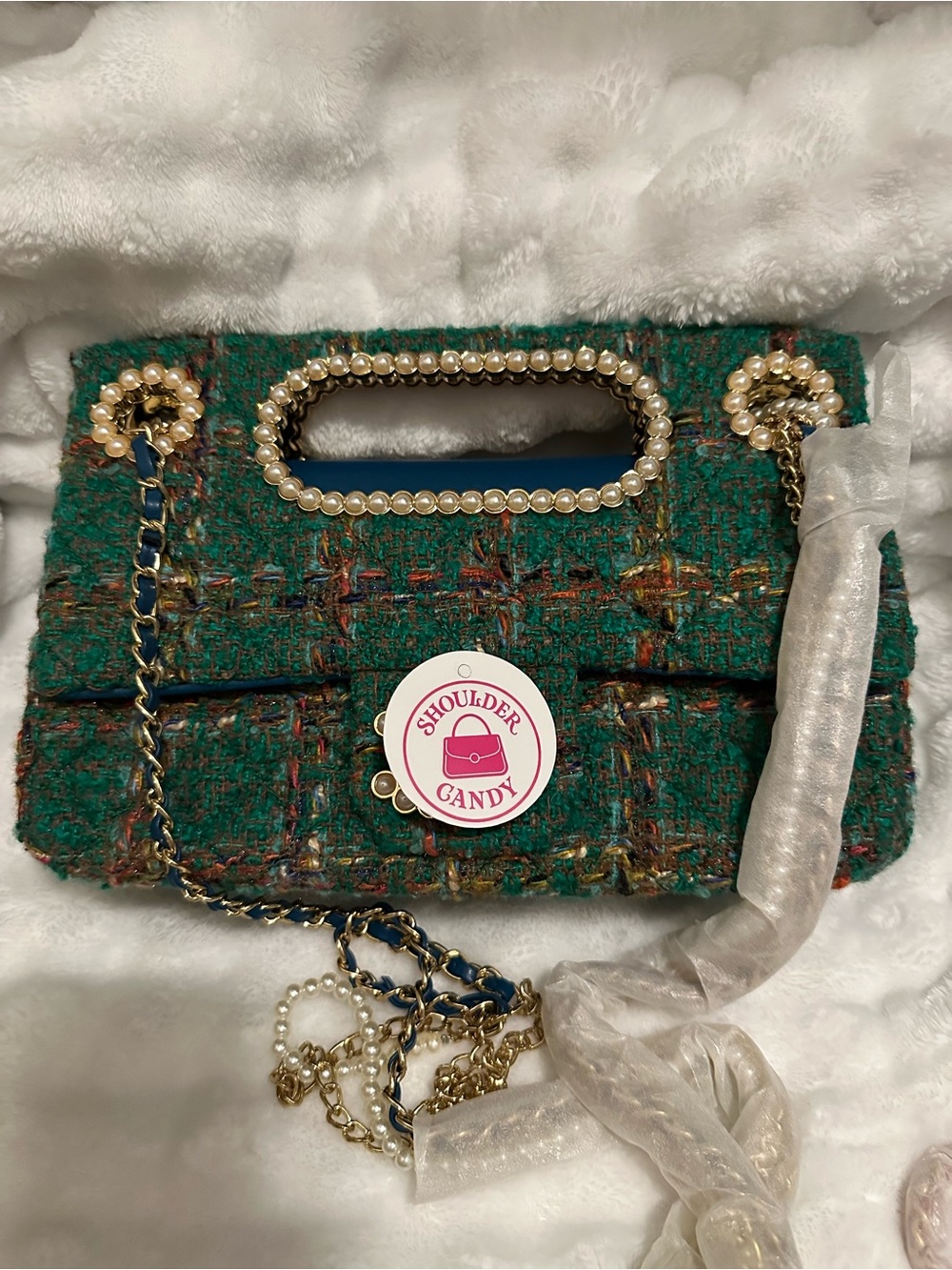 Pearl-Trim Green Tweed Shoulder Bag